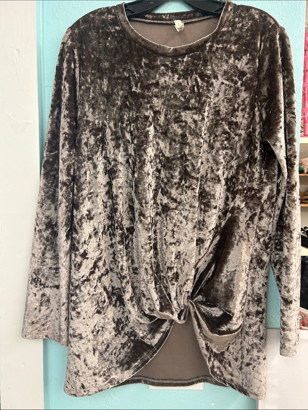 Bellamie Crushed Velvet Twist-Front Long Sleeve Top - Brown
